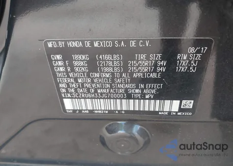 2018 Honda Hr-V Lx z USA, uszkodzony, nr VIN 3CZRU6H33JG700003